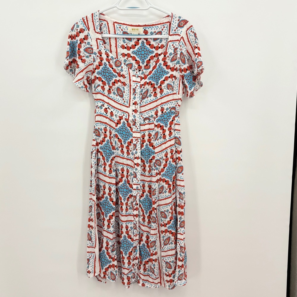 Maeve Anthropologie Red Blue Tile Print Button Front Midi Dress Womens Size‎ 00